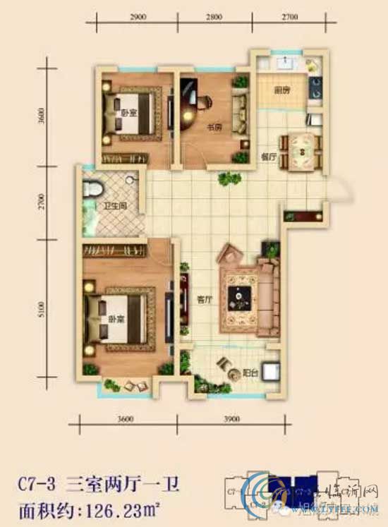 鳳凰水城 C7-3戶(hù)型126.23㎡三室兩廳一衛(wèi)