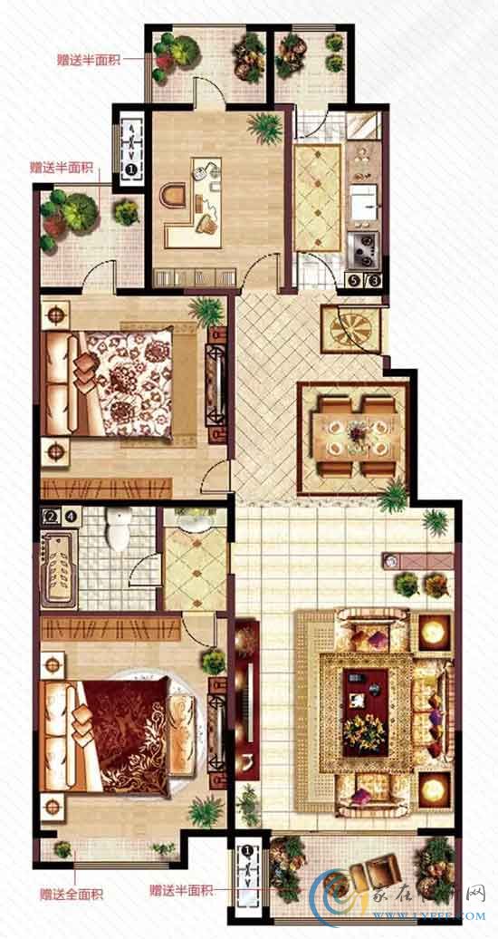 伊麗莎白·東岸F戶型/建筑面積約113㎡ 三室兩廳一廚一衛(wèi)