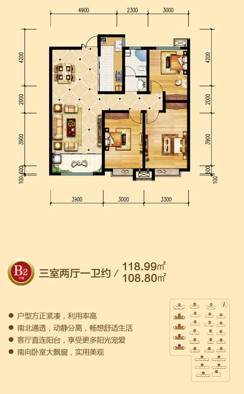 潤(rùn)地·中央上城 B2戶型三室兩廳一衛(wèi)約108.80/118.99㎡