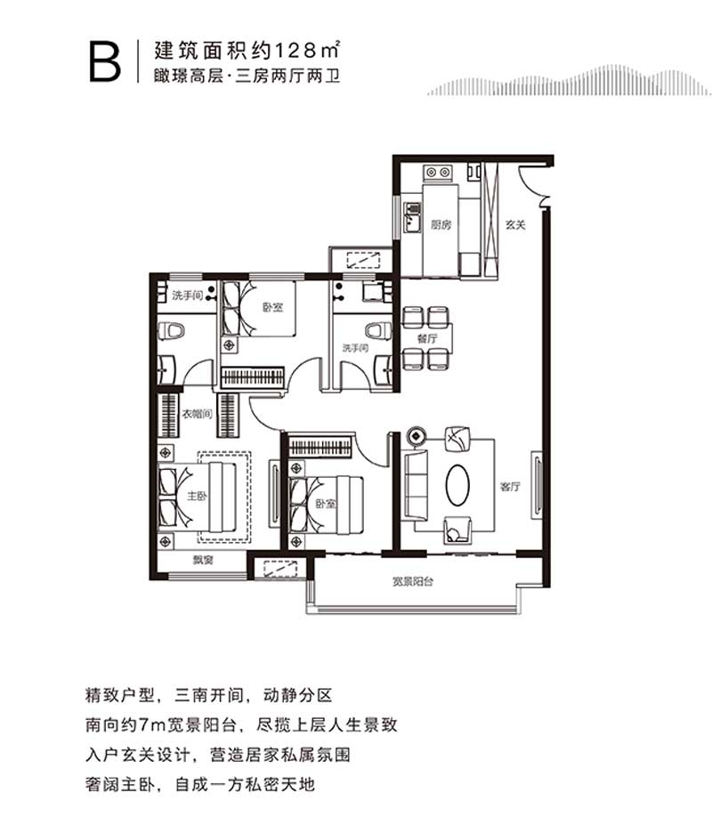 儒辰璟宸府B戶型 三室兩廳兩衛(wèi) 128㎡